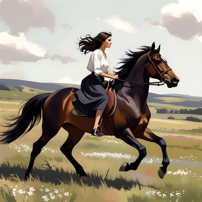 Woman riding horse in open fields