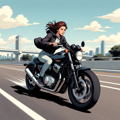 Motorcyclist cruising through cityscape