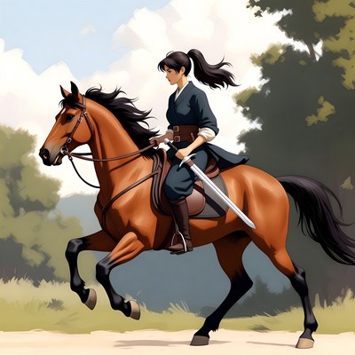 Horseback rider with sword in action