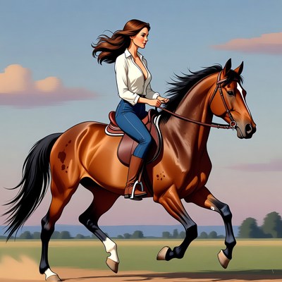 Woman riding horse in countryside