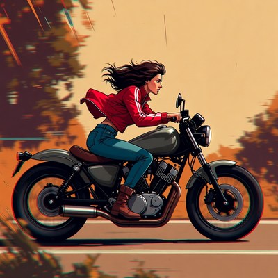 Woman riding motorcycle through countryside