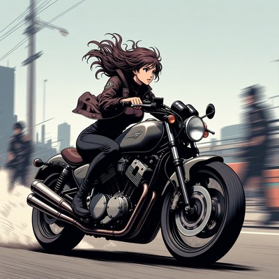 Woman riding motorcycle at sunset