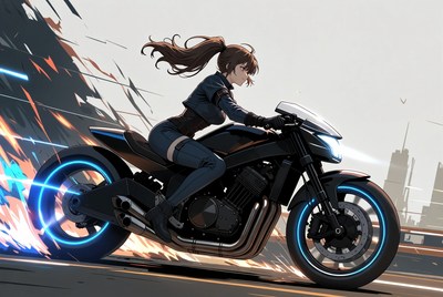 Woman riding motorcycle at sunset