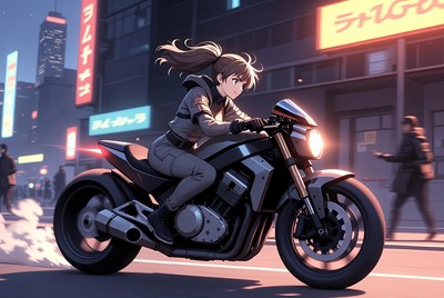 Rider racing through neon streets at night