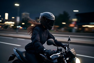 Woman riding motorcycle at night