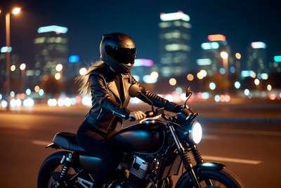Rider on motorcycle at night
