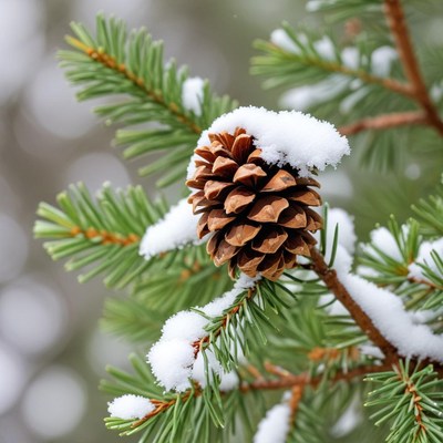 Snow-covered pine cone on tree branch