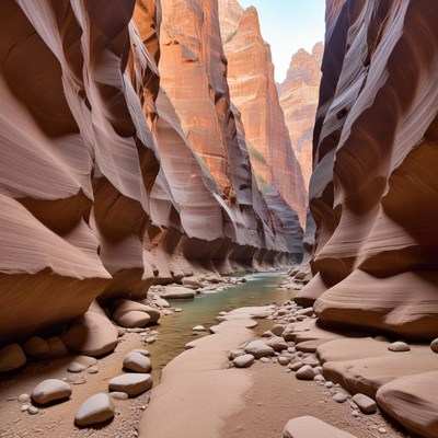 Narrow canyon with flowing river view