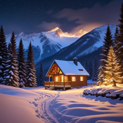 Cozy cabin in snowy mountains at night