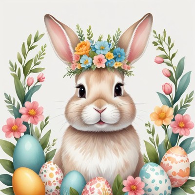 Festive bunny with easter eggs
