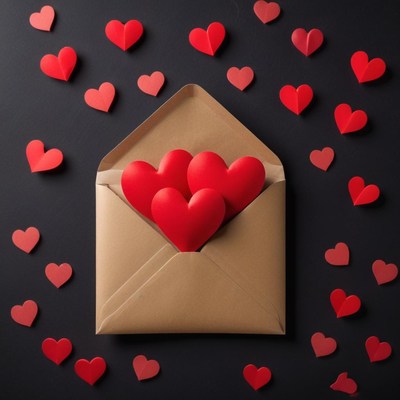 Red hearts in an envelope for lovers