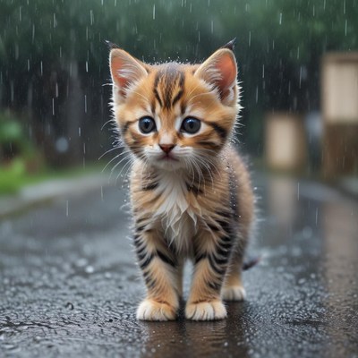 Cute kitten in the rain