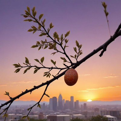 Sunset over city with hanging egg