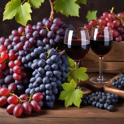 Grapes and wine on wooden surface