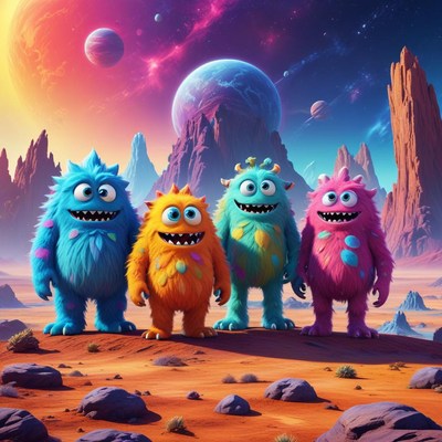 Colorful monsters explore alien landscape