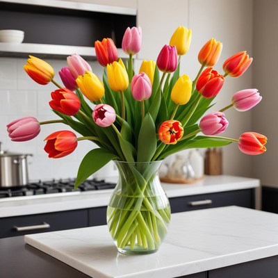 Colorful tulip bouquet in kitchen