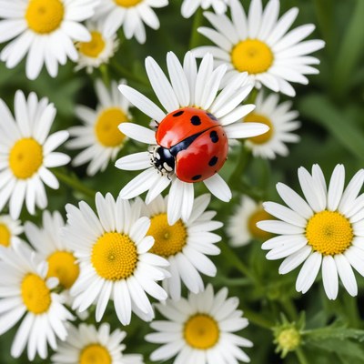 Ladybug on white daisies in springtime