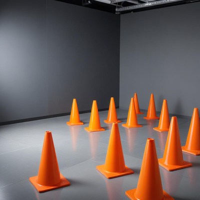 Orange cones arranged in a room