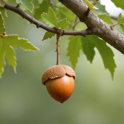 Acorn hanging from a tree branch