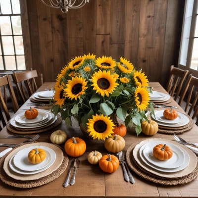 Sunflowers and pumpkins at cozy table