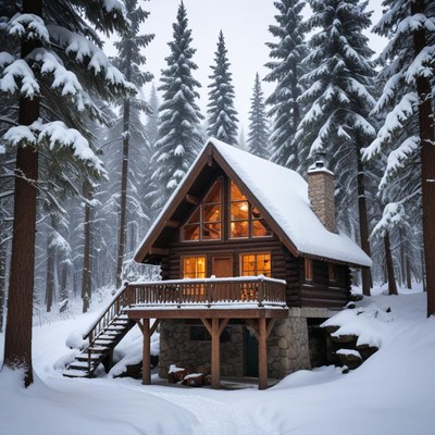 Cozy cabin in winter forest