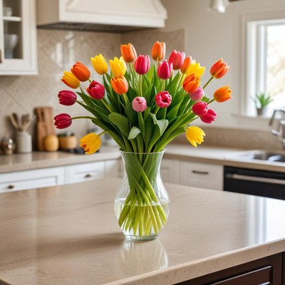 Bright tulip bouquet in kitchen