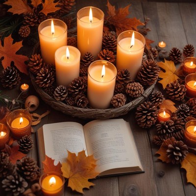 Cozy autumn candle arrangement indoors