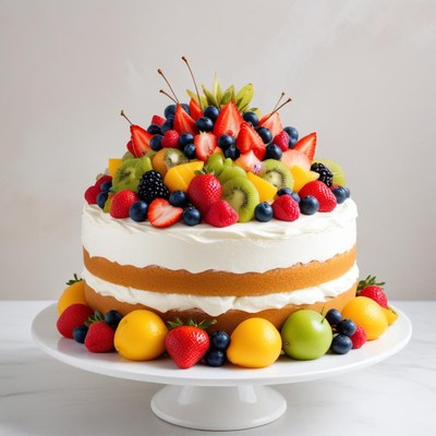 Colorful fruit cake on display