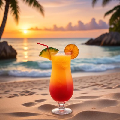Tropical drink at sunset beach