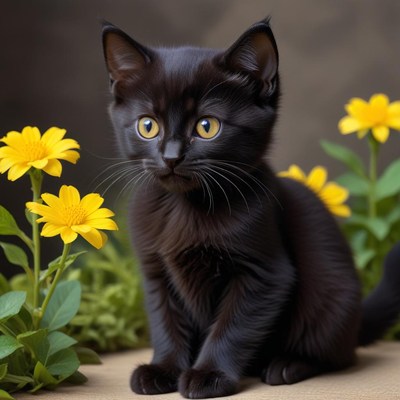 Cute black kitten among flowers