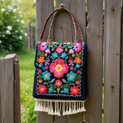 Colorful embroidered bag on display