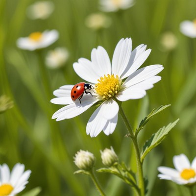 Ladybug on white daisy flower