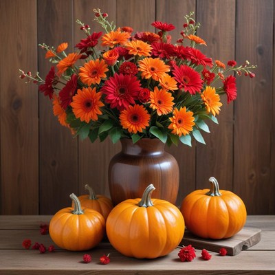Fall floral arrangement with pumpkins