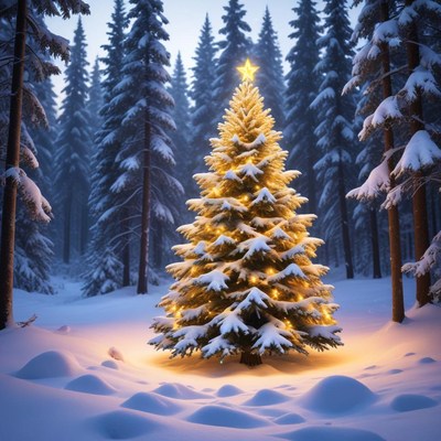 Christmas tree in snowy forest