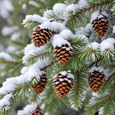 Snow-covered pine cones in winter