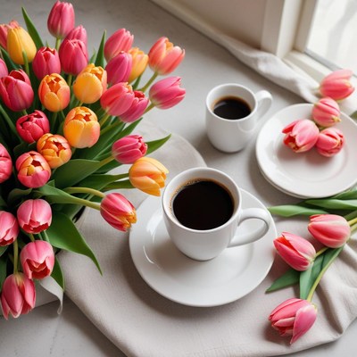 Coffee and tulips morning scene
