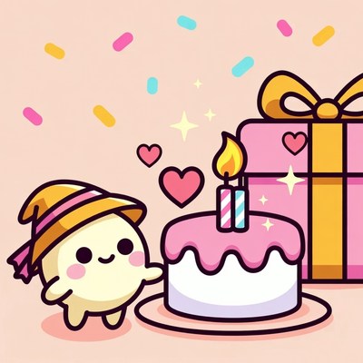 Cute character celebrates with cake
