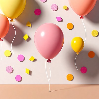 Colorful balloons and decorations on wall