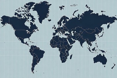 Dark blue world map on light grid background