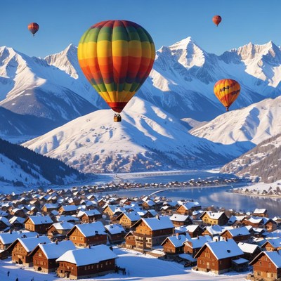 Scenic hot air balloons over snowy village