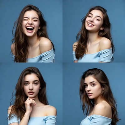 Four expressions on blue background