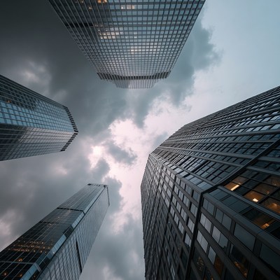 Urban skyscrapers under stormy sky