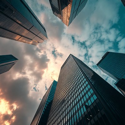 Skyward view of city skyscrapers at sunset