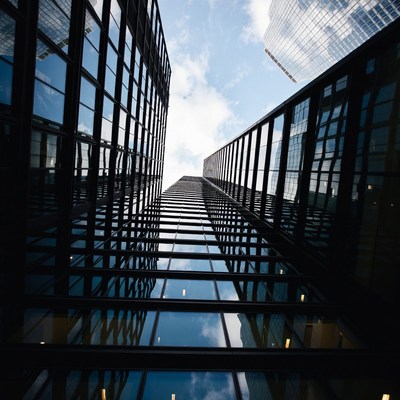 Skyward view of modern buildings