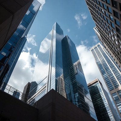 City skyscrapers against blue sky