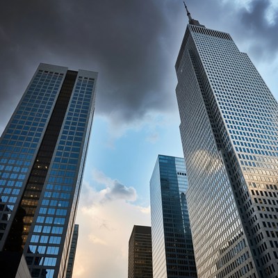 Modern skyscrapers under dramatic sky