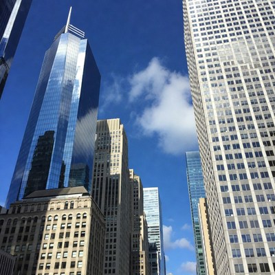 City skyline under blue sky