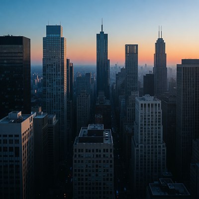 City skyline at sunset