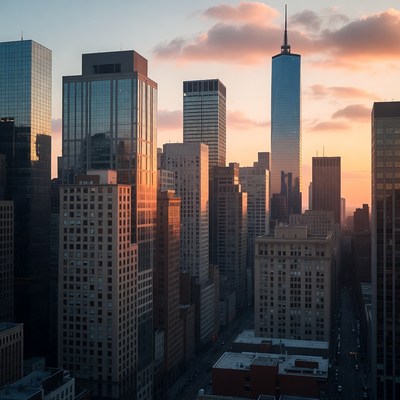 City skyline at sunset