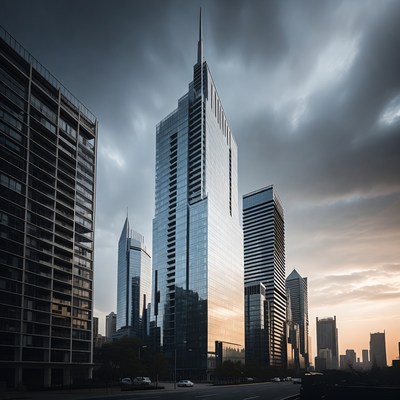 Modern skyscrapers under cloudy sky